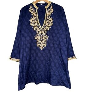 Sulu Collection Women’s Size 14 Navy Blue Gold Embroidered Long Sleeve Tunic Top